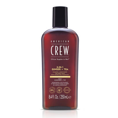 American Crew 3-em-1 Gengibre e Ch&aacute;, Champ&ocirc;, Acondicionador e Gel de Duche para Cabelo e Corpo . Revitalizante e hidratante. - American Crew -  - Imagem